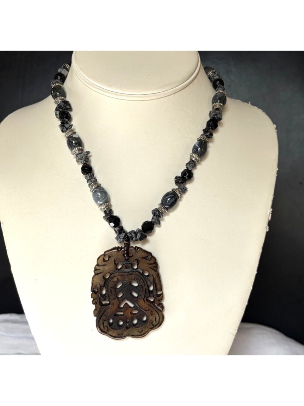 Hand Carved Pendant Necklace Gray Beads Rhinestone Accents Brown Jade? Statement